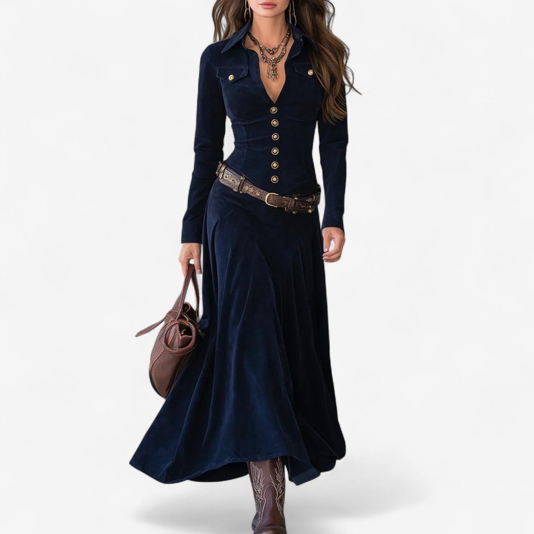Debra | Classic Button-Front Belted Fall Wedding Guest Maxi Dress