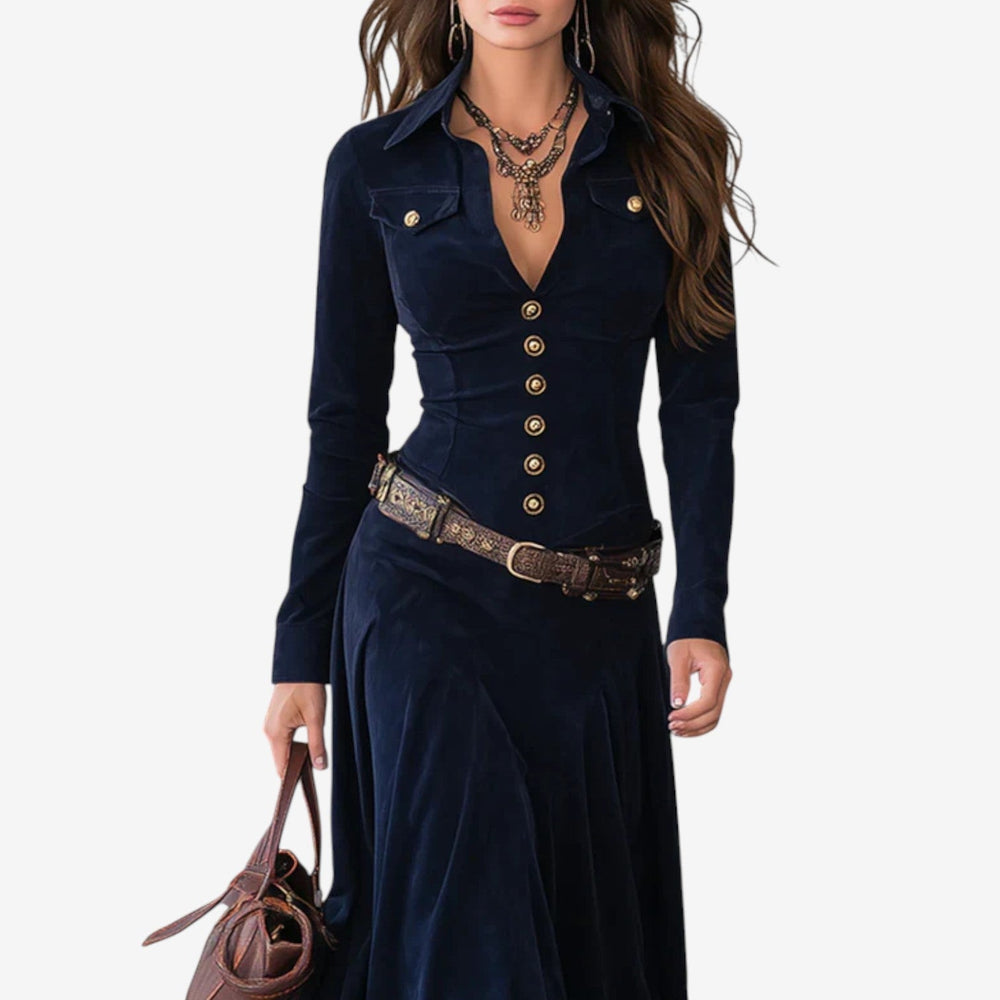 Debra | Classic Button-Front Belted Fall Wedding Guest Maxi Dress