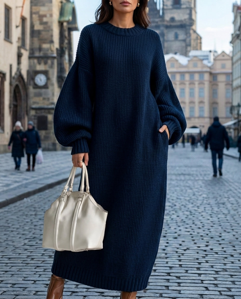 Debra | Polished Oversized Balloon Sleeve Knit Sweater Dress