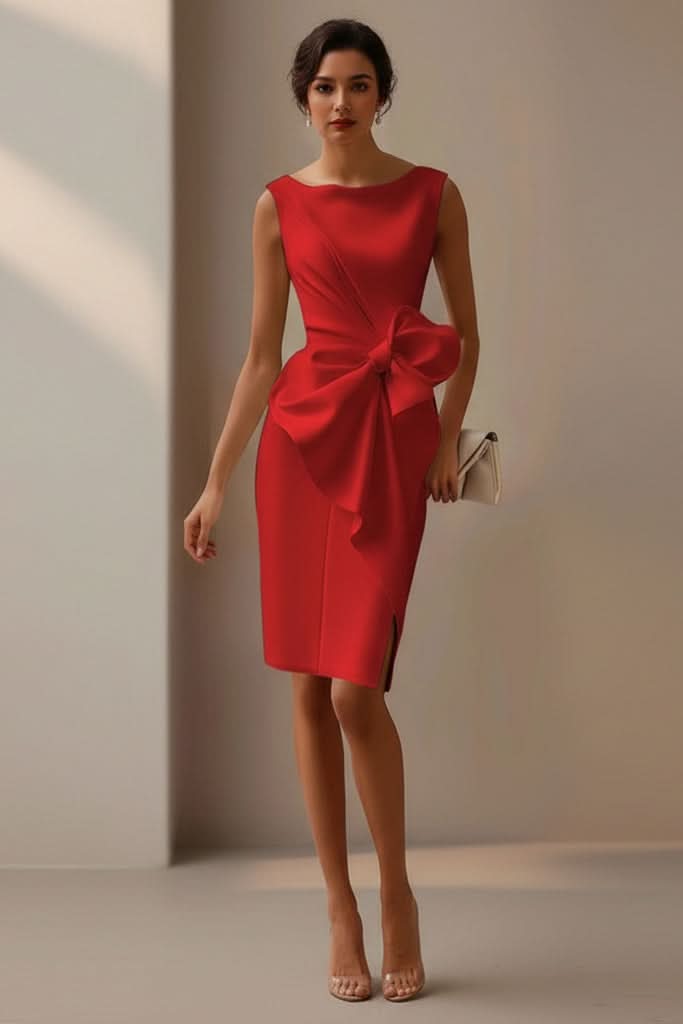 Denise | Classic Bow-Front Fall Wedding Guest Dress with Side Slit