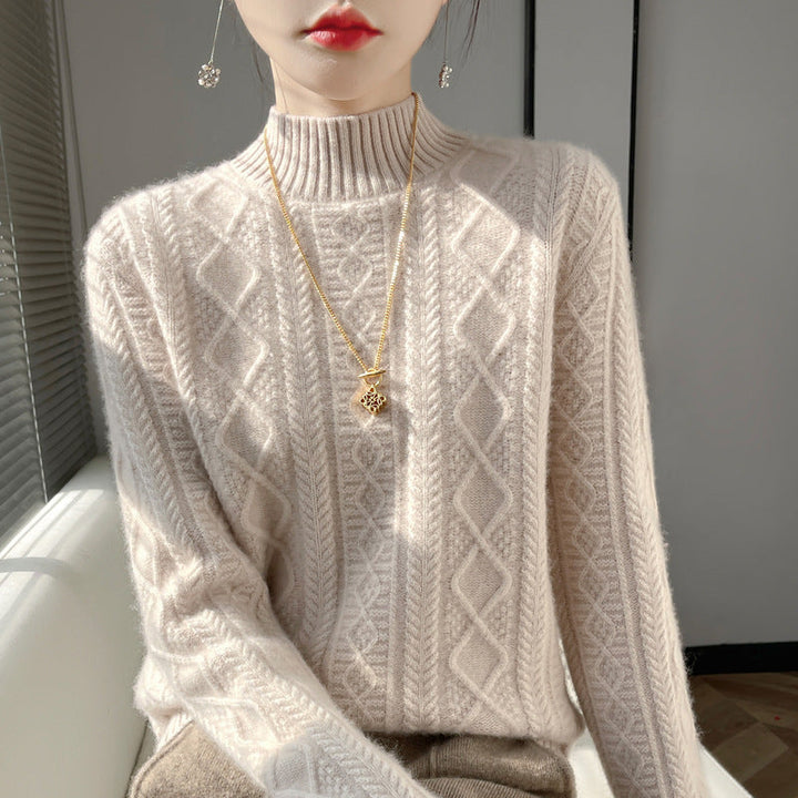 Diana | Elegant Cable Knit Turtleneck Sweater with Fluffy Mock Neck