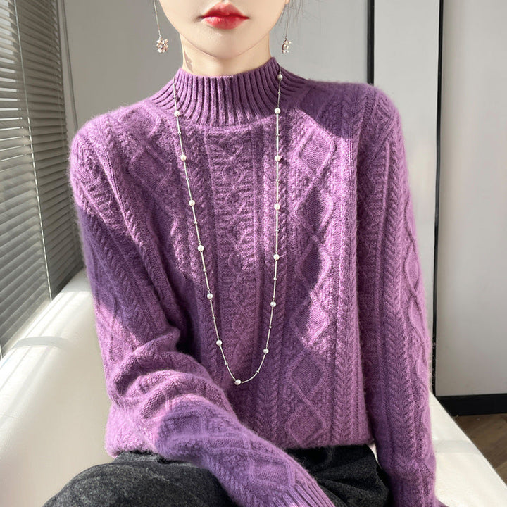 Diana | Elegant Cable Knit Turtleneck Sweater with Fluffy Mock Neck