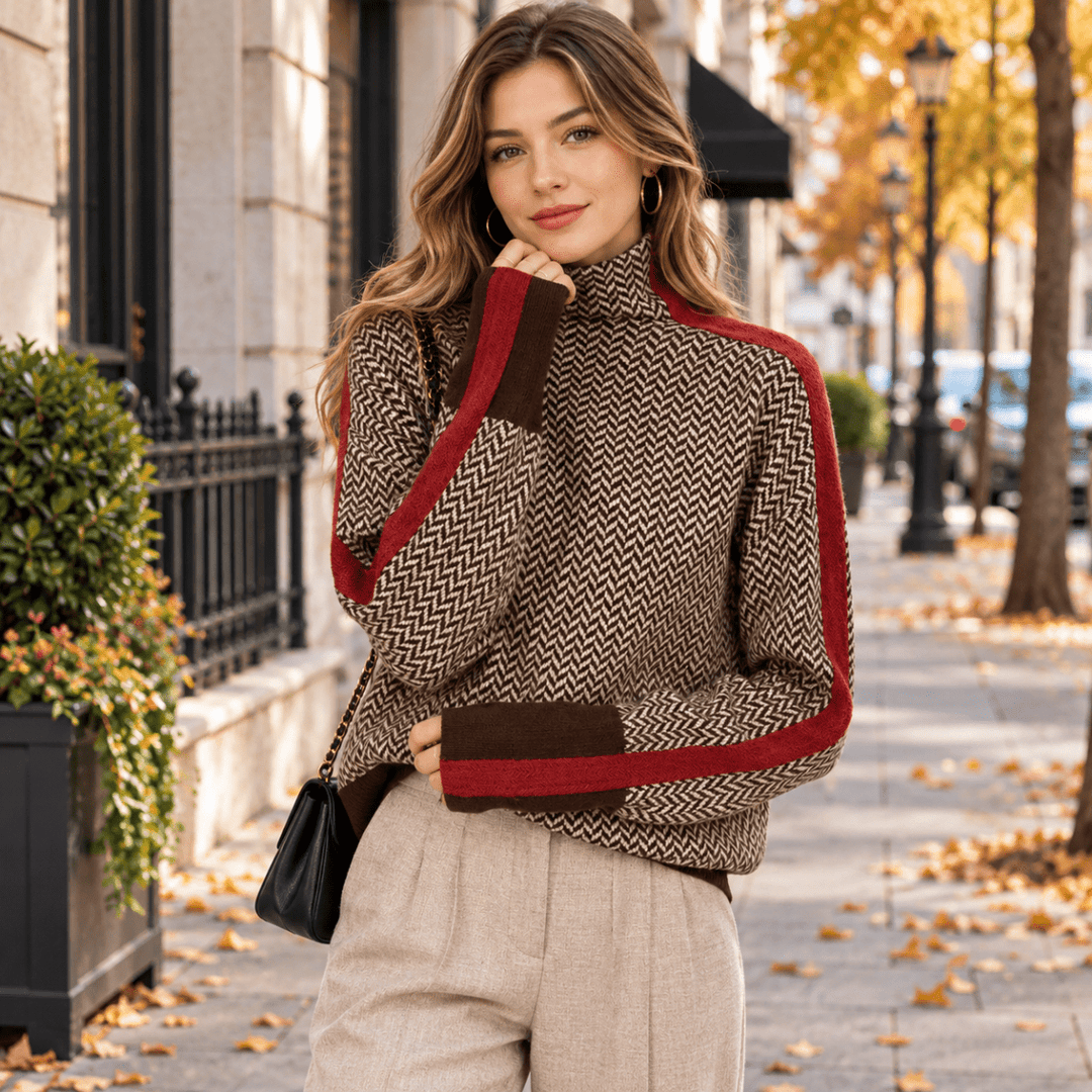 Diana | Graceful Herringbone Long Sleeve Turtleneck Sweater