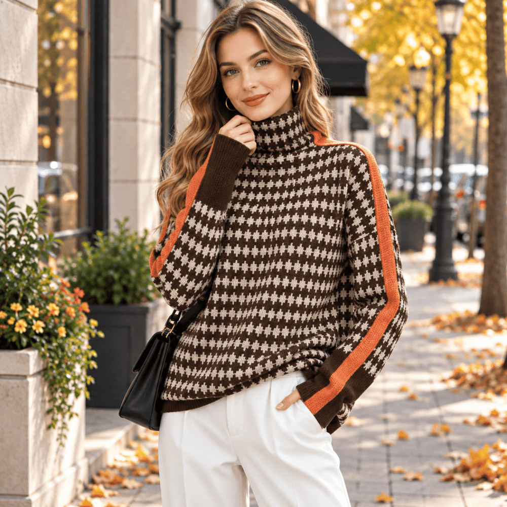 Diana | Graceful Herringbone Long Sleeve Turtleneck Sweater