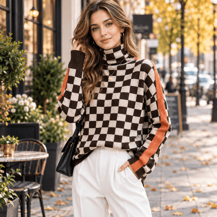 Diana | Graceful Herringbone Long Sleeve Turtleneck Sweater