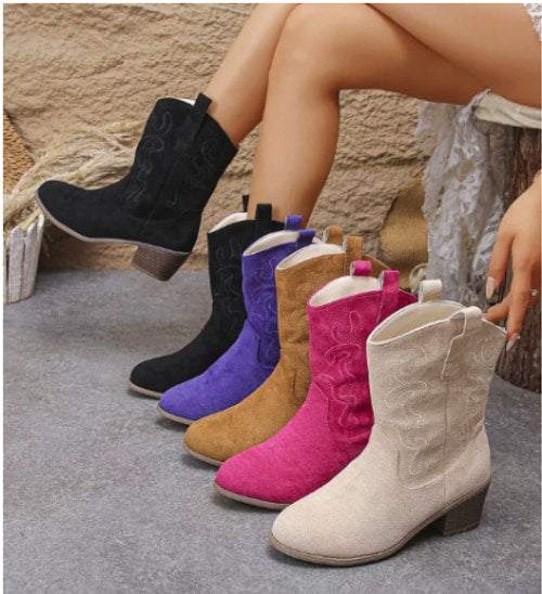 Diane | Embroidered Pointed Toe Block Heel Cowboy Boots