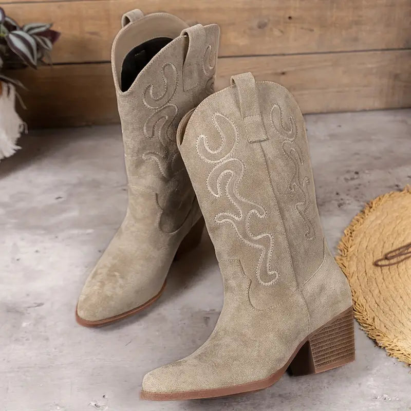 Diane | Embroidered Pointed Toe Block Heel Cowboy Boots