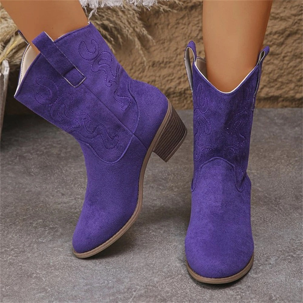 Diane | Embroidered Pointed Toe Block Heel Cowboy Boots