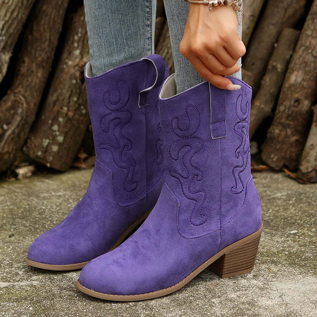 Diane | Embroidered Pointed Toe Block Heel Cowboy Boots