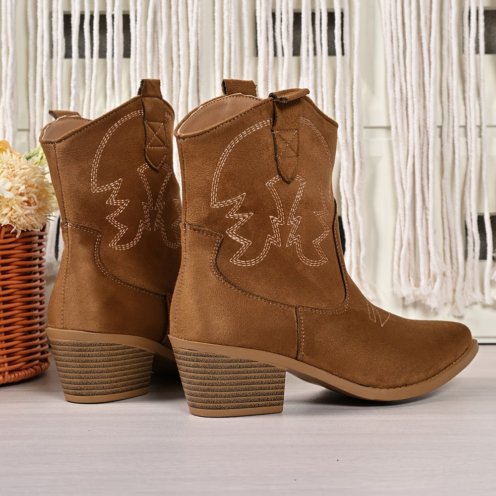 Donna | Embroidered Stacked Heel Ankle Cowboy Boots