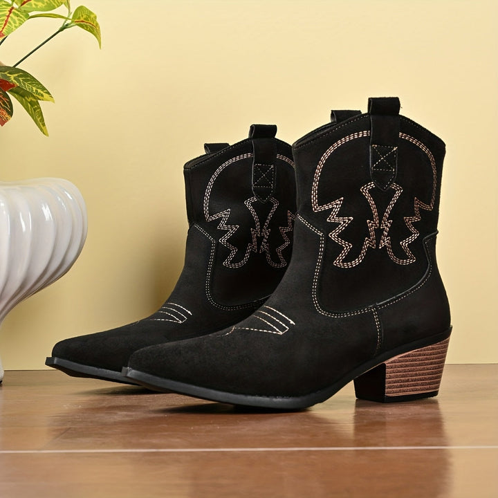 Donna | Embroidered Stacked Heel Ankle Cowboy Boots