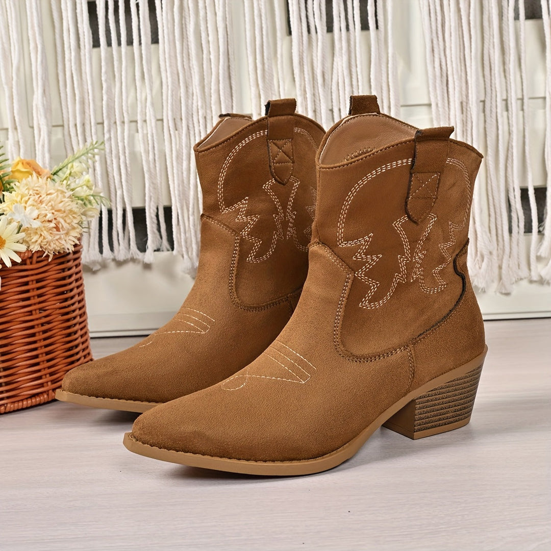 Donna | Embroidered Stacked Heel Ankle Cowboy Boots