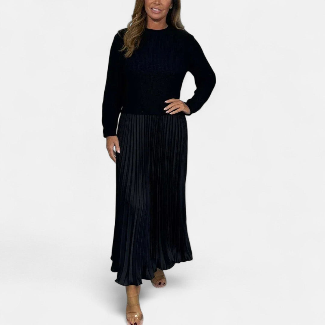 Elizabeth | Chic Long Sleeve Pleated Maxi Sweater Dress