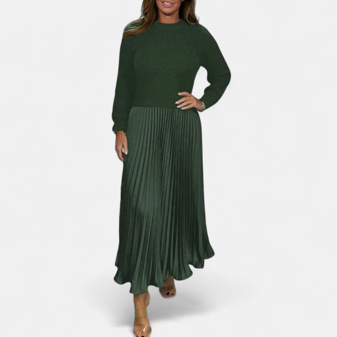 Elizabeth | Chic Long Sleeve Pleated Maxi Sweater Dress