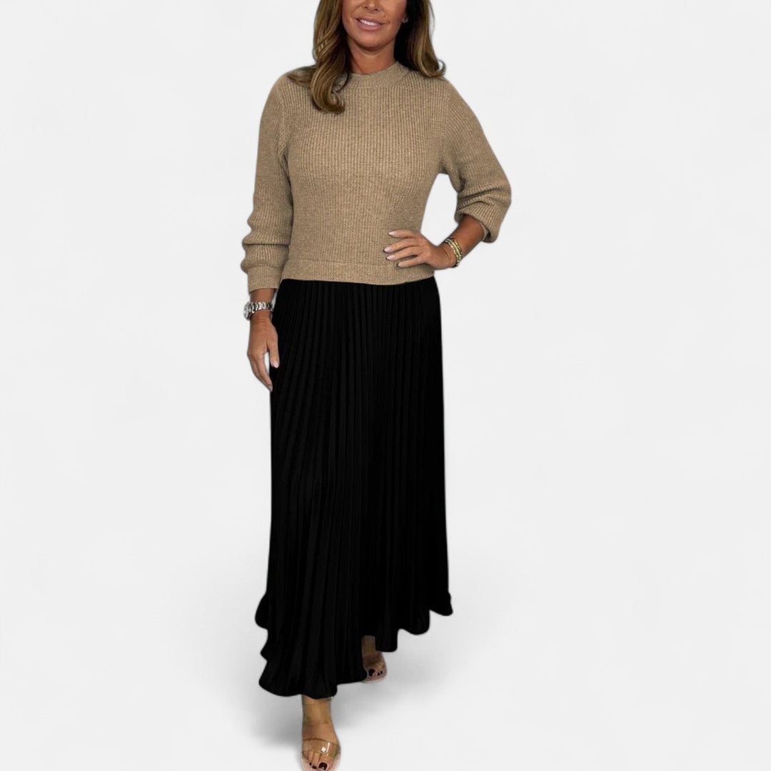 Elizabeth | Chic Long Sleeve Pleated Maxi Sweater Dress