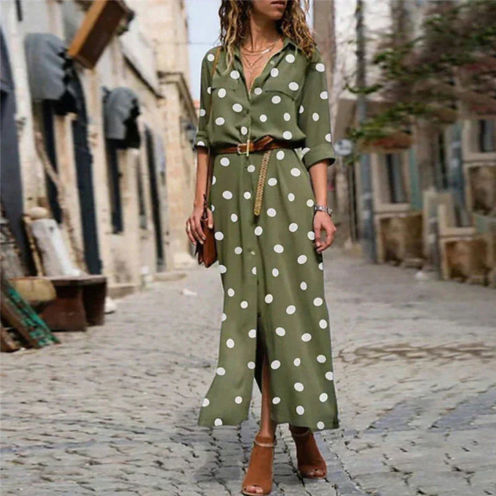 Elizabeth | Effortless Polka Dot Fall Wedding Guest Maxi Dress
