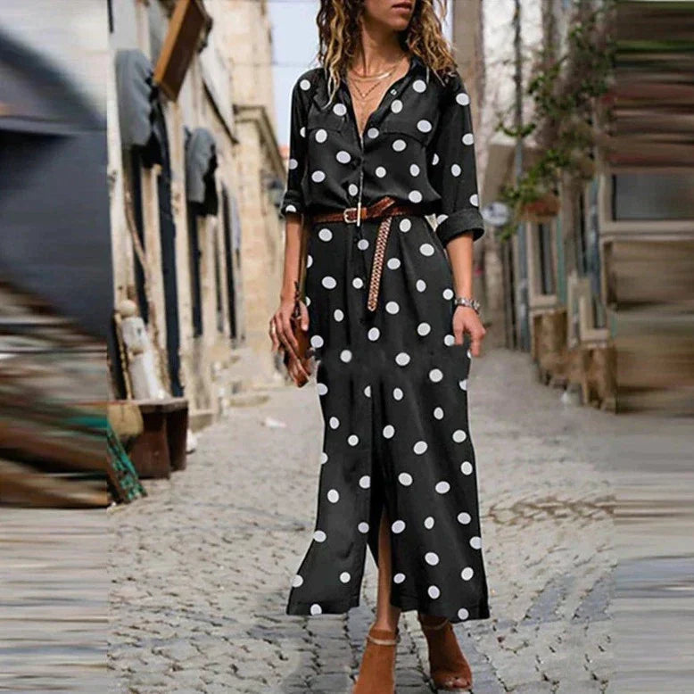 Elizabeth | Effortless Polka Dot Fall Wedding Guest Maxi Dress