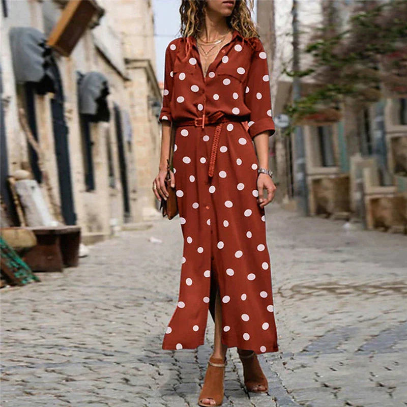 Elizabeth | Effortless Polka Dot Fall Wedding Guest Maxi Dress