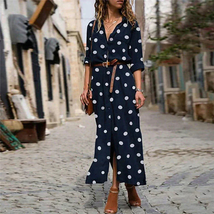 Elizabeth | Effortless Polka Dot Fall Wedding Guest Maxi Dress