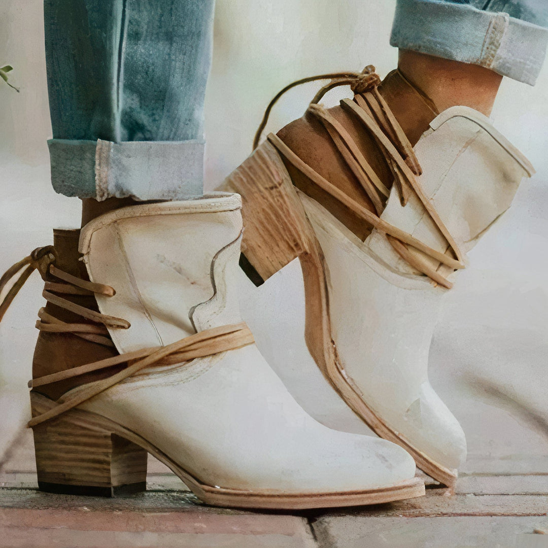 Elizabeth | Sophisticated Western Block Heel Ankle Boots with Wrapped Lacing
