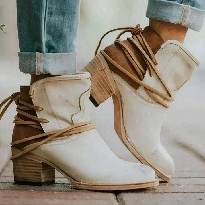 Elizabeth | Sophisticated Western Block Heel Ankle Boots with Wrapped Lacing