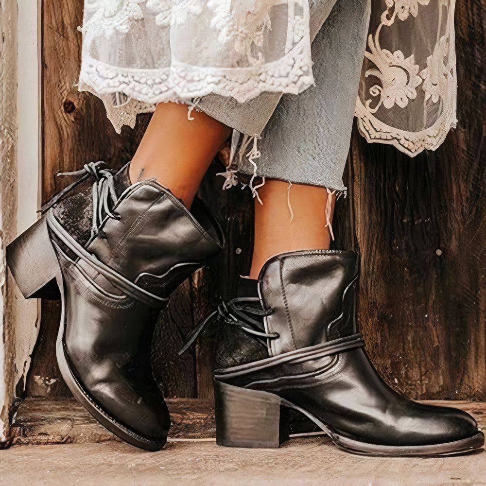Elizabeth | Sophisticated Western Block Heel Ankle Boots with Wrapped Lacing