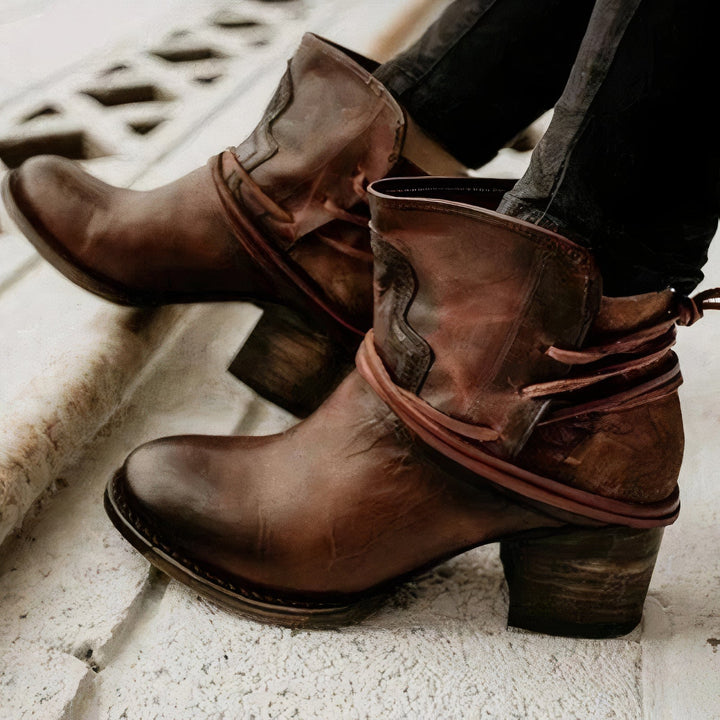 Elizabeth | Sophisticated Western Block Heel Ankle Boots with Wrapped Lacing