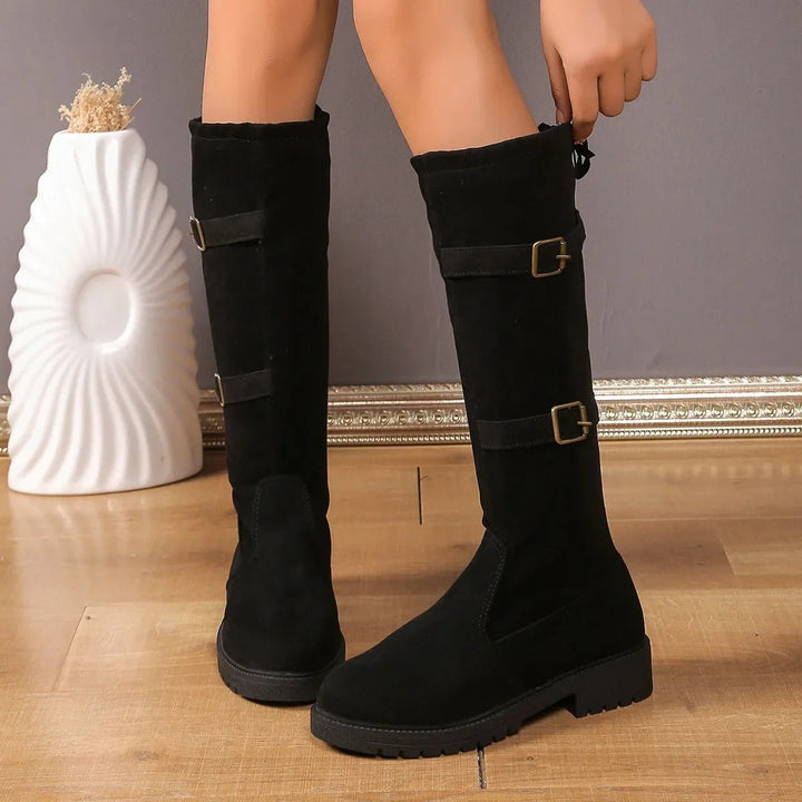 Emily | Effortless Buckle Block Heel Knee High Boots