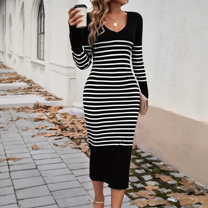 Emily | Graceful Striped V-Neck Ribbed Sweater Dress
