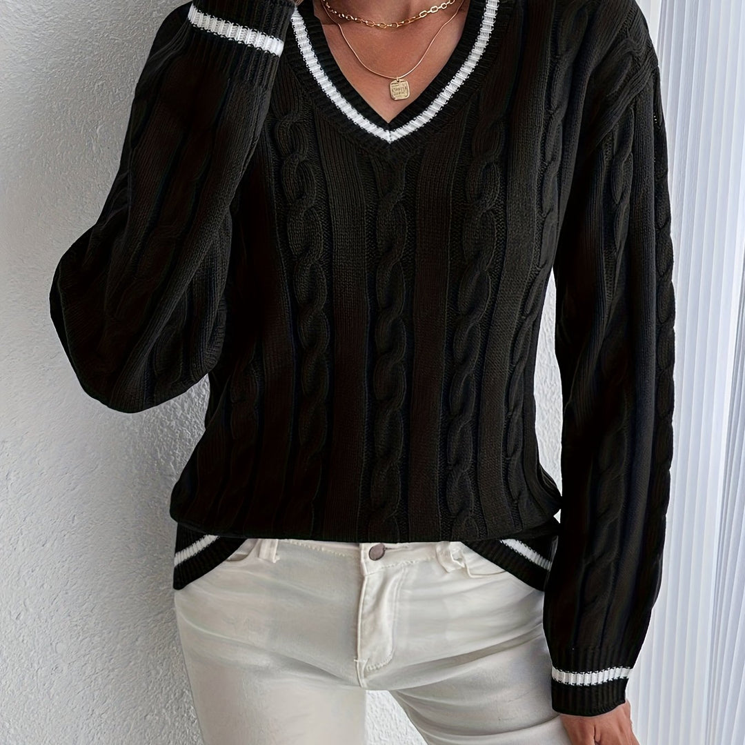 Emily | Polished V-Neck Womens Chunky Cable Knit Pullover