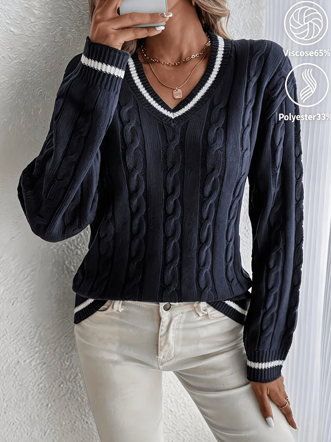 Emily | Polished V-Neck Womens Chunky Cable Knit Pullover