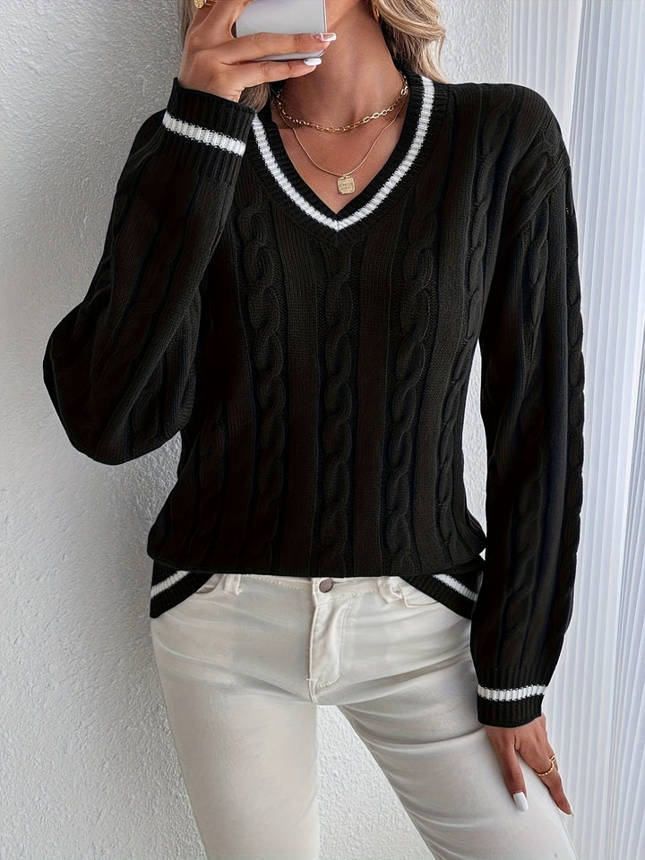 Emily | Polished V-Neck Womens Chunky Cable Knit Pullover