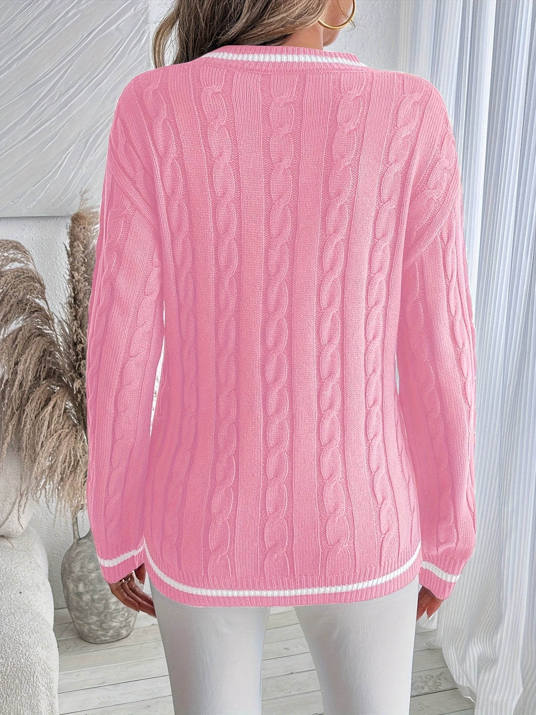 Emily | Polished V-Neck Womens Chunky Cable Knit Pullover