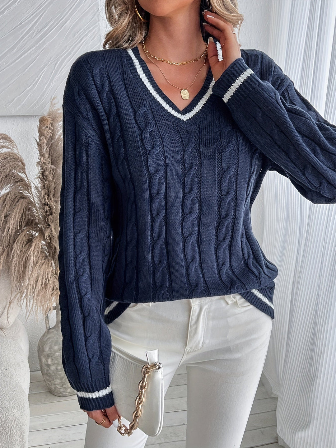 Emily | Polished V-Neck Womens Chunky Cable Knit Pullover