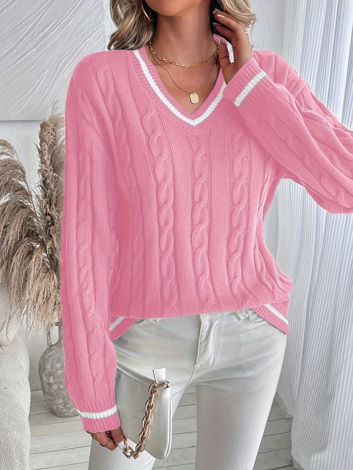 Emily | Polished V-Neck Womens Chunky Cable Knit Pullover