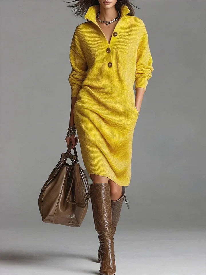 Emily | Stylish Ribbed Button Collar Sweater Dress