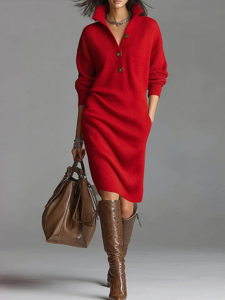 Emily | Stylish Ribbed Button Collar Sweater Dress
