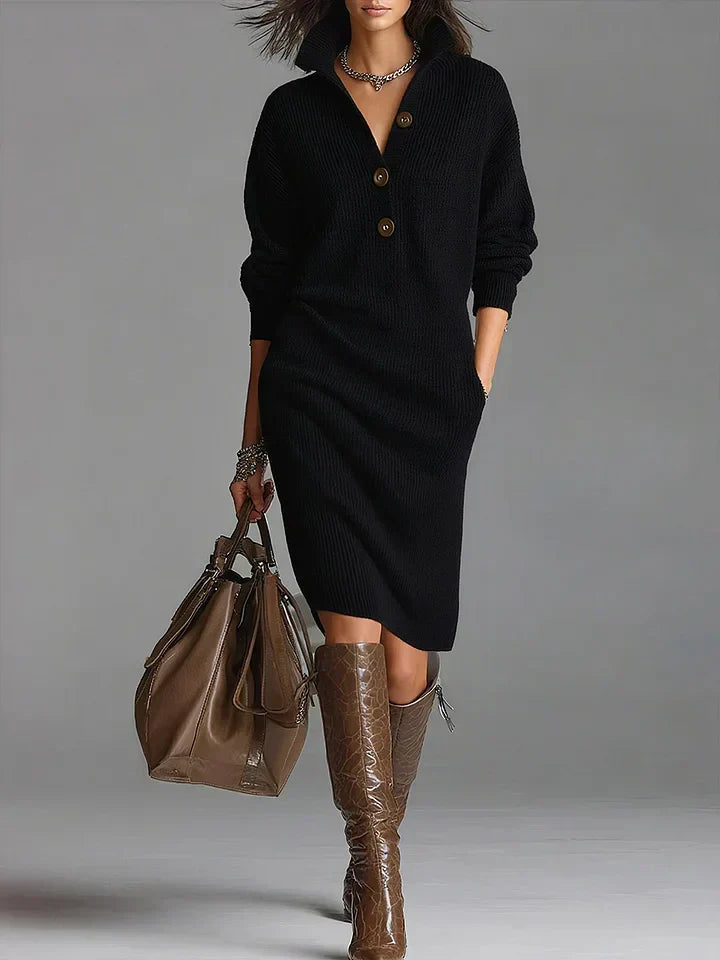 Emily | Stylish Ribbed Button Collar Sweater Dress