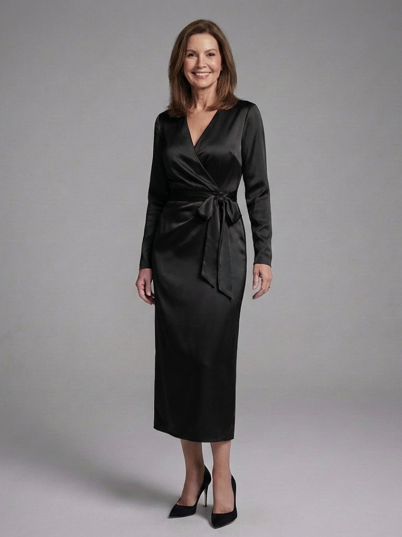 Emily | Timeless Wrap Long-Sleeve Fall Wedding Guest Midi Dress