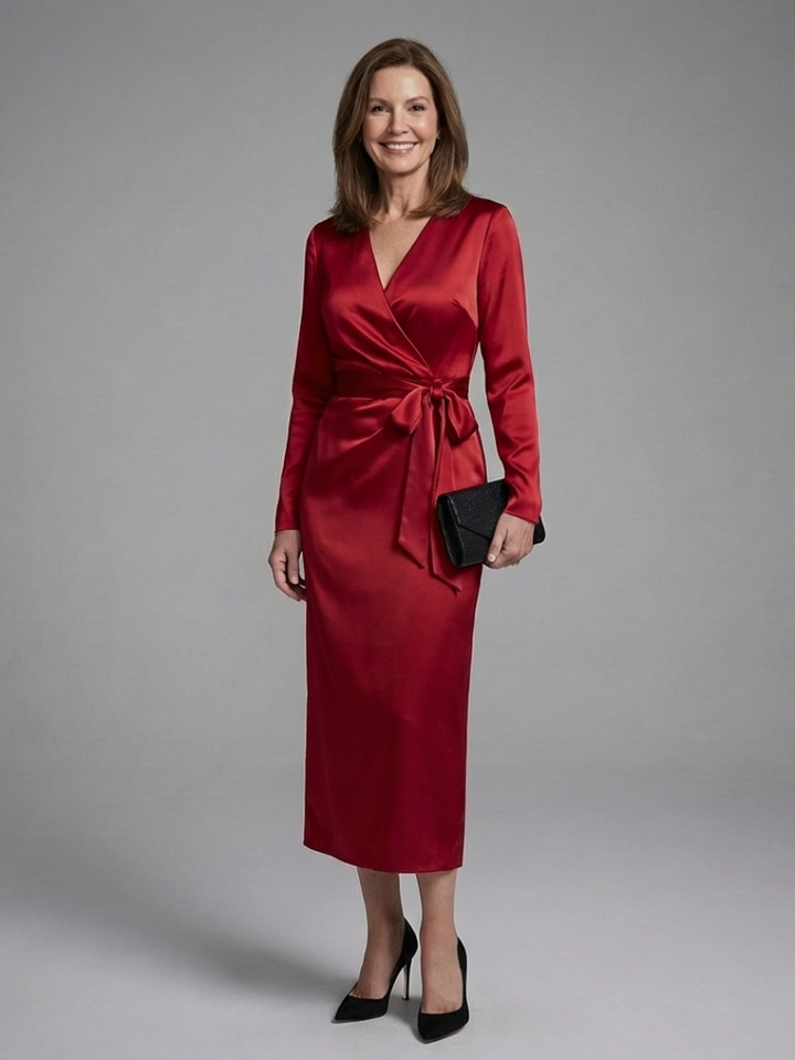 Emily | Timeless Wrap Long-Sleeve Fall Wedding Guest Midi Dress