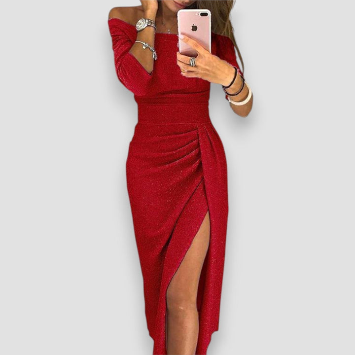 Emma | Chic Off Shoulder Fall Wedding Guest Maxi Dress