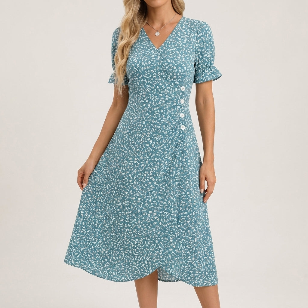 Emma | Polished Ditsy Floral Midi Fall Wedding Guest Dress