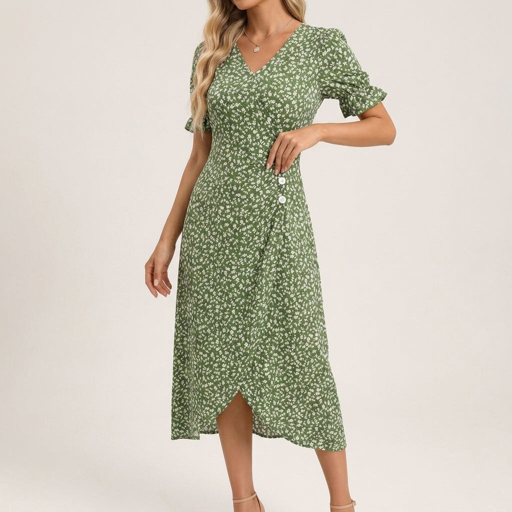 Emma | Polished Ditsy Floral Midi Fall Wedding Guest Dress