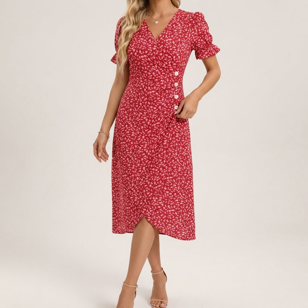 Emma | Polished Ditsy Floral Midi Fall Wedding Guest Dress