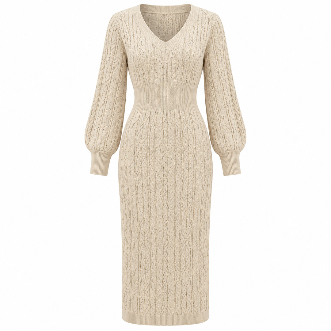 Emma | Refined V-Neck Cable Knit Midi Sweater Dress