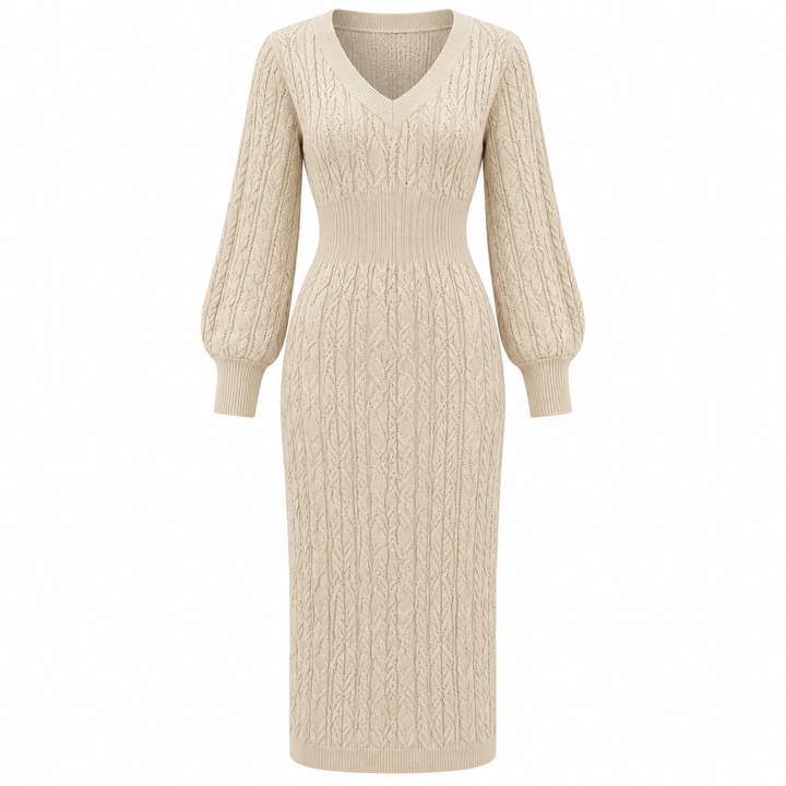 Emma | Refined V-Neck Cable Knit Midi Sweater Dress
