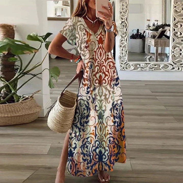 Emma | Stylish Printed V-Neck Holiday Dress with Side Slit