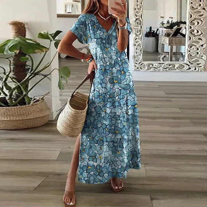 Emma | Stylish Printed V-Neck Holiday Dress with Side Slit