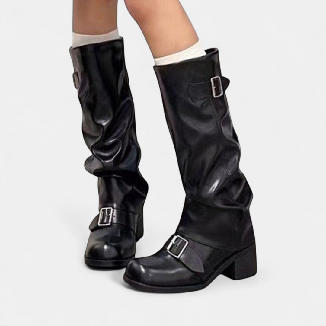 Evelyn | Chic Slouch Knee High Boots with Buckle Block Heel
