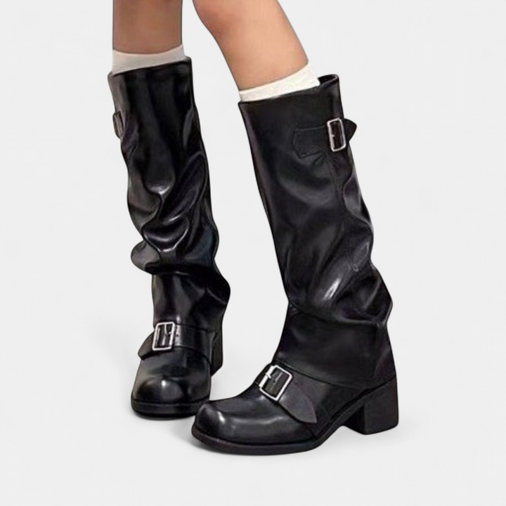 Evelyn | Chic Slouch Knee High Boots with Buckle Block Heel